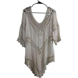 Paradise women blouse cover up beige crochet details casual beach vacation M